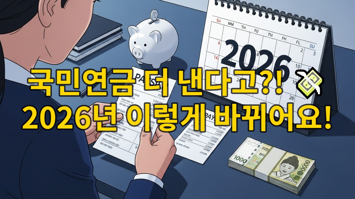 2026년 국민연금 보험료율 인상으로 월급명세서를 보며 걱정하는 사람과 재테크 관련 물품들