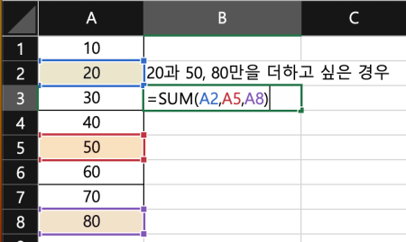 개별로 더하길 원할 경우 "=SUM(A1,A5,A8)" 로 구분해서 적어주시면 됩니다.