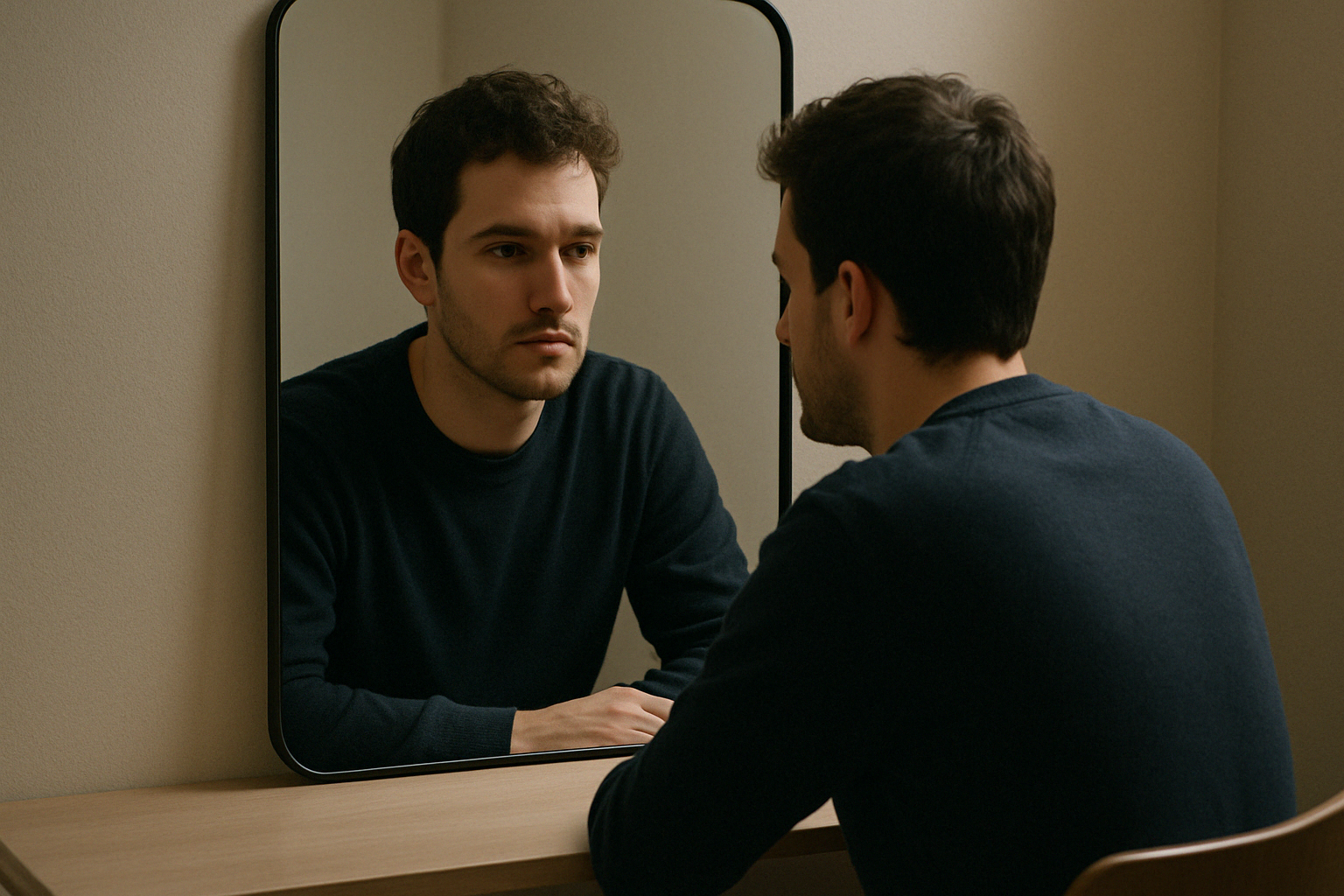 조용한 방 안, 거울 앞에 앉아 자신을 바라보는 사람(Ai생성이미지)