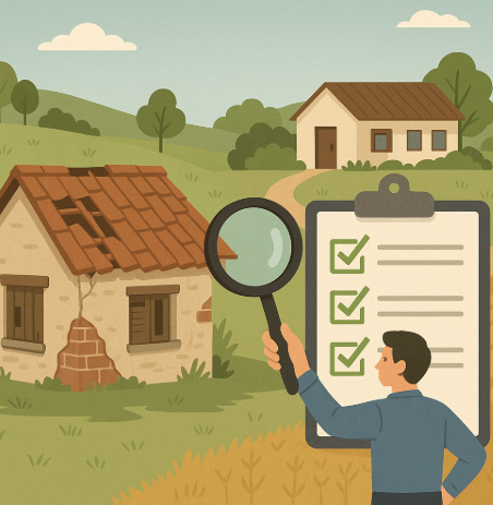 "귀농 빈집 선택 팁을 표현한 일러스트, 청년이 체크리스트와 돋보기를 들고 낡은 집과 리모델링된 집을 비교하며 살펴보는 모습"
