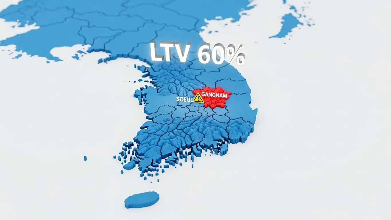 대한민국 지도에서 규제지역과 비규제지역의 대출 한도 차이를 색깔로 구분하여 보여주는 인포그래픽