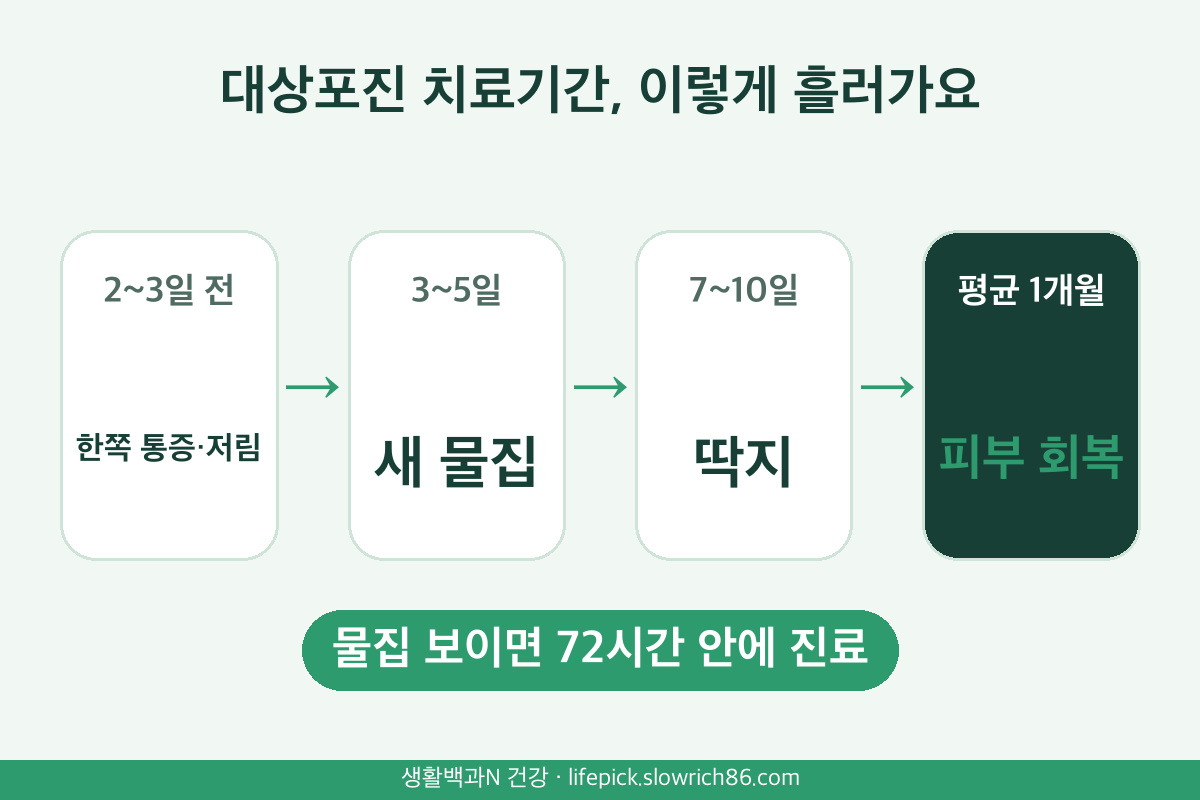대상포진 치료기간 경과 물집 3~5일 딱지 7~10일 회복 1개월 항바이러스제 72시간