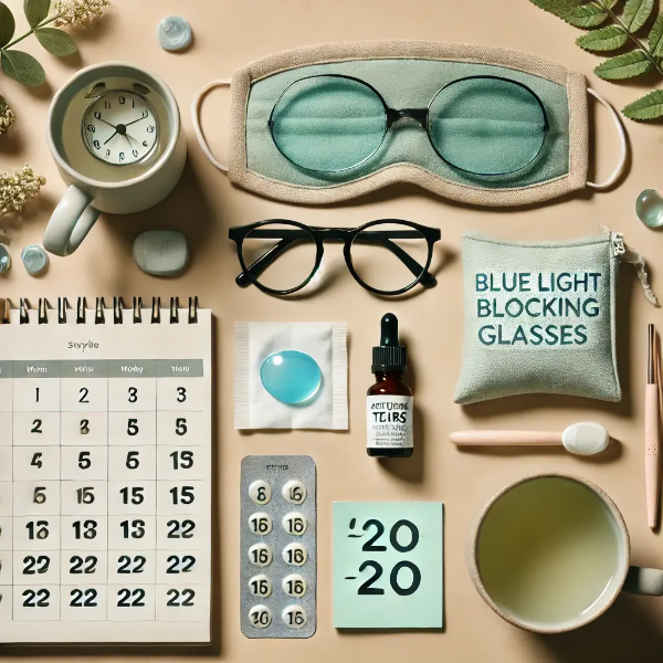 블루라이트 안경, 인공눈물, 20-20-20 메모 등이 정리된 눈 건강용 루틴 도구 이미지