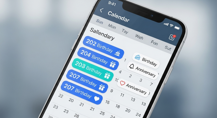 스마트폰 캘린더 앱에 생일과 기념일 알림이 설정되어 표시되는 화면
