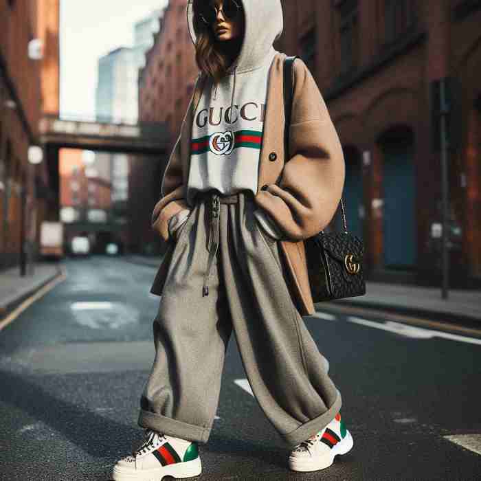 구찌 라이톤 스니커즈와 오버사이즈 후드티, 와이드 팬츠로 트렌디한 스트릿 패션