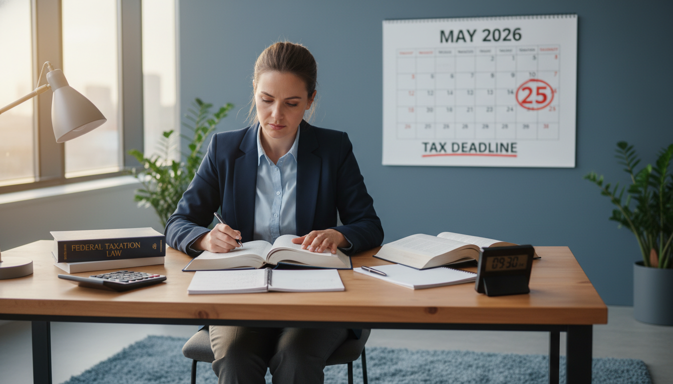 2026년 세무사 1차 시험 당일, 책상에 필수 준비물과 시험 시간표가 놓여 있고 긴장하지만 결연한 표정으로 시험에 임할 준비를 하는 수험생의 모습.