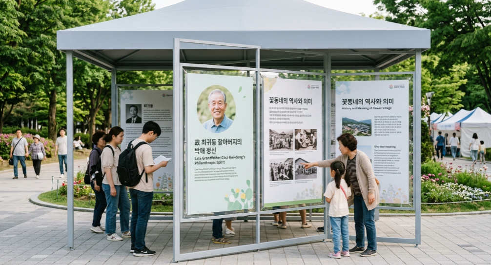 故최귀동 할아버지의 박애정신을 기리는 전시관과 설명 패널 모습