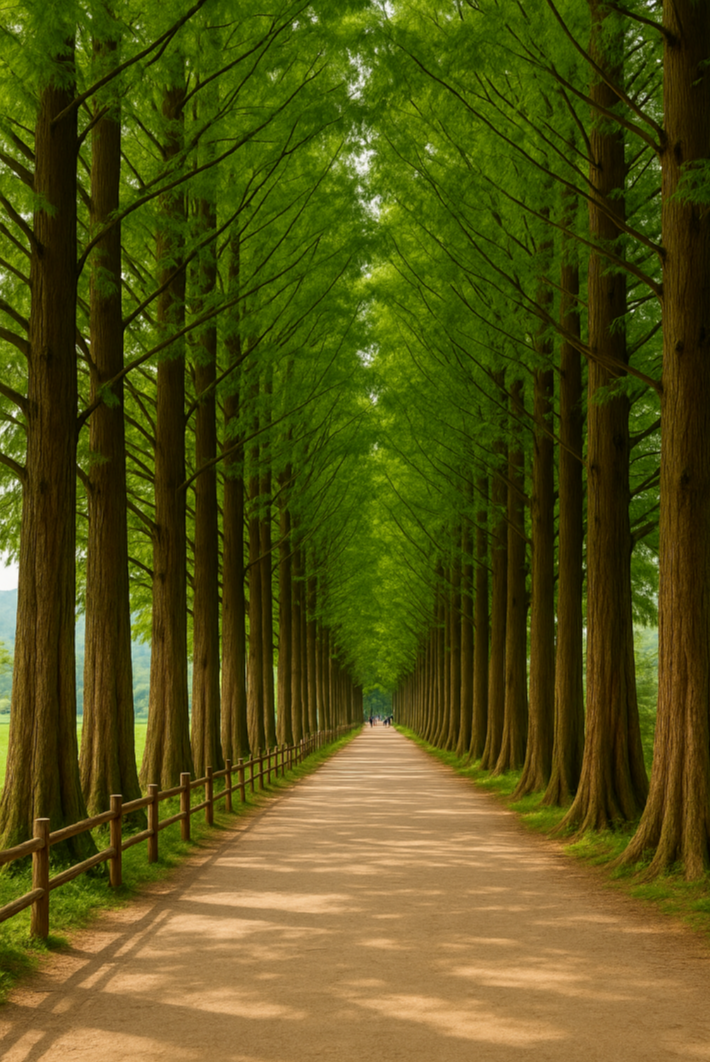 담양 메타세쿼이아길의 초록 터널 산책로 풍경, 힐링 여행지로 인기 있는 자연 명소