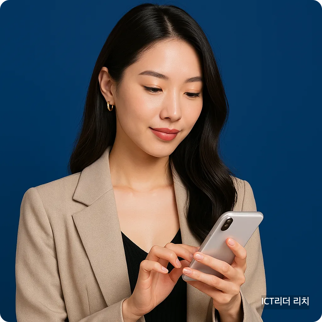 세련된 20대 여성이 스마트폰을 사용하며 인스타그램을 확인하는 장면. 베이지 재킷과 차분한 블루 배경으로 구성된 심플하고 깔끔한 대표 썸네일 이미지.