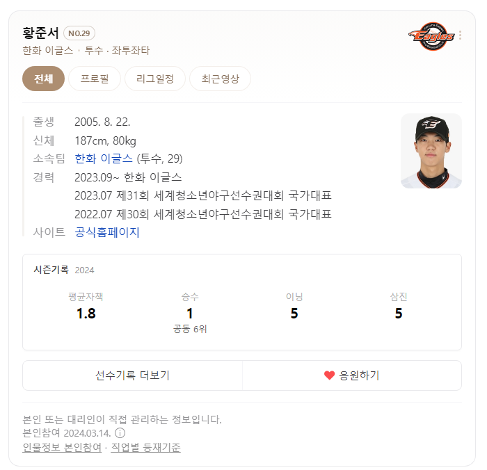 황준서 데뷔전 승리