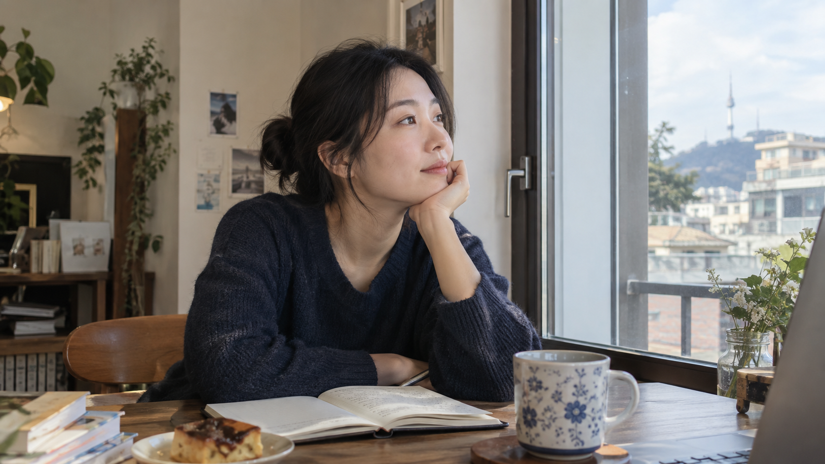 편안한 표정으로 창가에 앉아 생각을 정리하는 사람