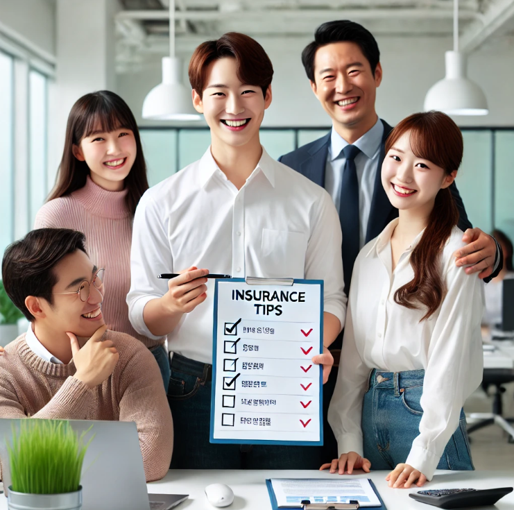오피스에서 보험 혜택 체크리스트를 공유하며 대화하는 직장인들의 모습