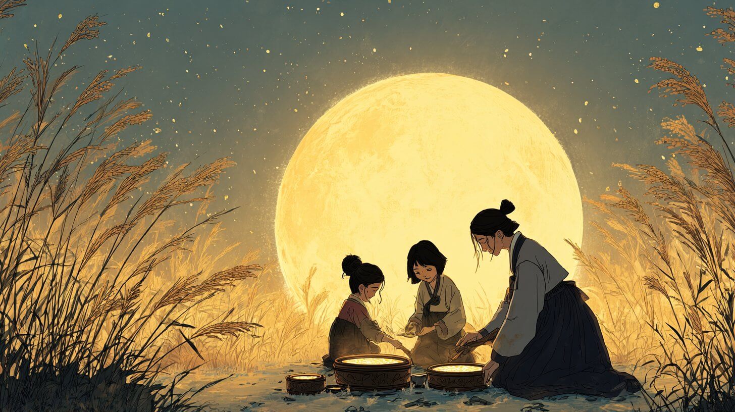 한옥 마당에서 송편을 빚는 가족 일러스트