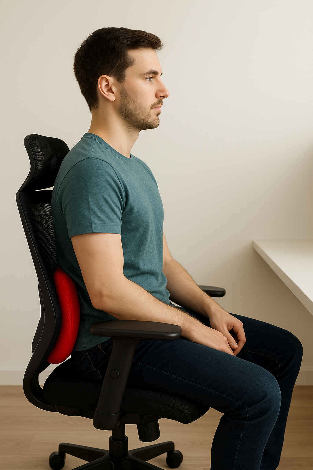 남성이 허리 쿠션을 활용하여 의자에 앉아있는 이미지