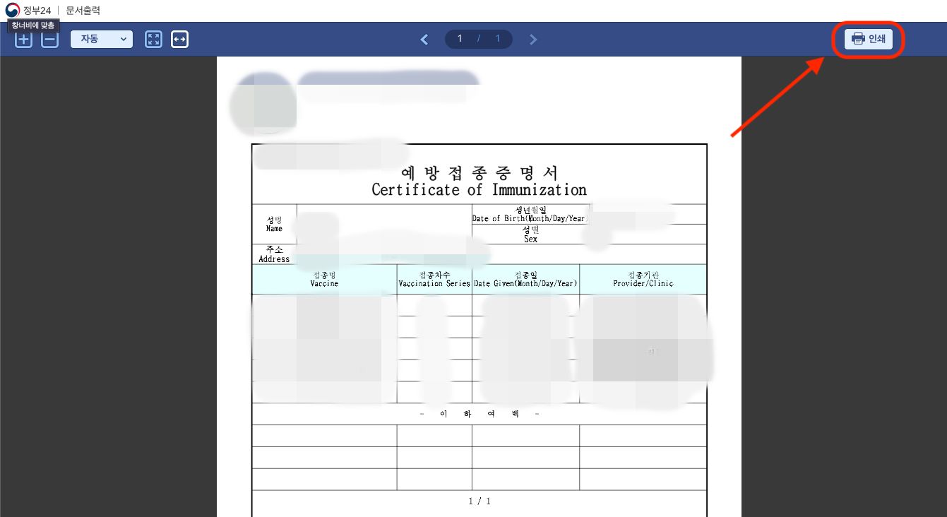 예방접종증명서 미리보기 화면