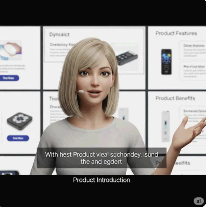 ‘Synthesia의 AI 아바타 프레젠터 기능’을 보여주는 대표 이미지. 디지털 아바타가 제품 프레젠테이션 배경 앞에서 발표 중이며, 자막이 자동 삽입된 모습이 함께 표현되어 있음. 이 이미지는 텍스트만으로 영상 프레젠터를 생성할 수 있는 Synthesia의 핵심 기능을 직관적으로 설명함 (Synthesia AI, avatar video creation, product presentation tool)