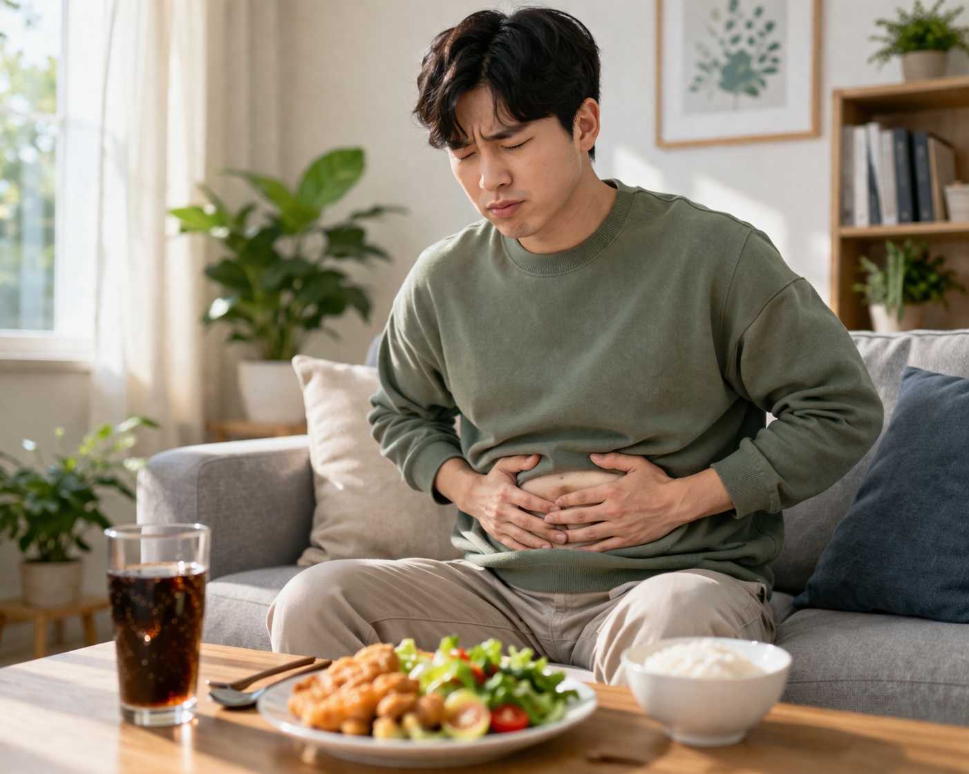 복부에 가스가 차서 불편함을 느끼는 남성의 모습