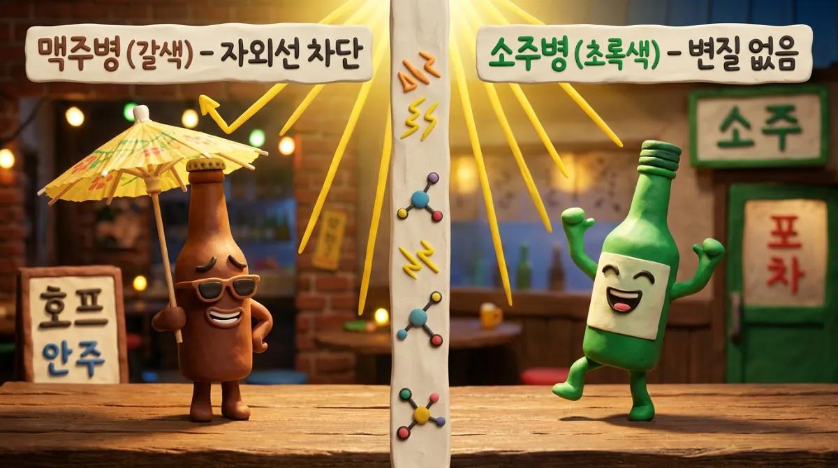 클레이 애니메이션으로 비교한 맥주병과 소주병. 왼쪽에는 선글라스를 쓴 갈색 맥주병이 자외선 차단을 위해 그늘에 서 있고 '맥주병(갈색) - 자외선 차단' 라벨이, 오른쪽에는 햇빛 아래에서 자유롭게 춤추는 초록색 소주병과 '소주병(초록색) - 변질 없음' 라벨이 보이는 모습