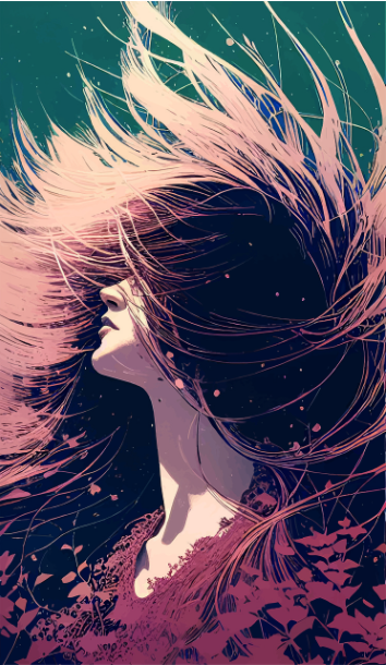 바람에 흩날리는 긴 머리카락과 여자의 옆모습을 담은 몽환적 일러스트, 재물과 건강 및 인간관계를 상징하는 머리카락 꿈의 유형별 의미