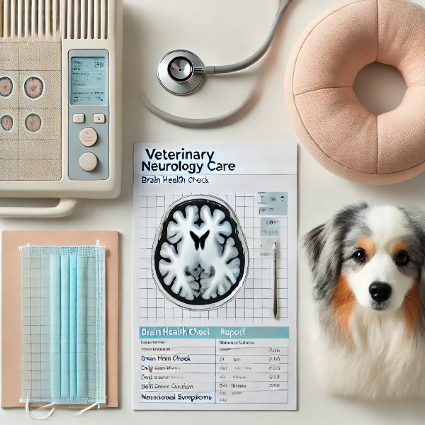 백색 배경 위에 반려견 뇌 건강 체크 차트, CT/MRI 보고서, 머리 보호 쿠션, 신경 증상 기록 노트가 정돈된 구성