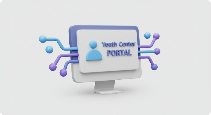청년센터 포털이 표시된 컴퓨터 화면과 네트워크 선을 표현한 3D 아이콘