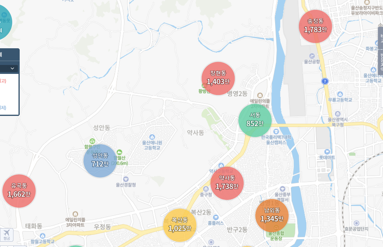 울산광역시 중구와 북구 동별 평단가