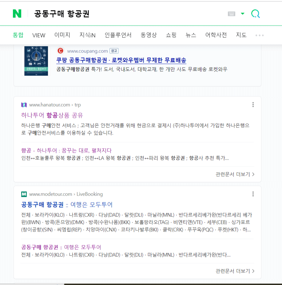 공동구매 항공권 단어를 포털사이트에 검색합니다.