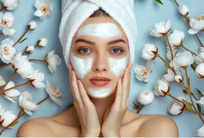 꽃배경으로 피부에 팩을 올려두고 양볼에 손을 올리고있는 여자사진