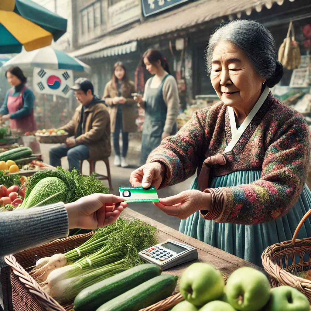 전통시장 채소가게에서 문화누리카드로 결제하는 한국 할머니.