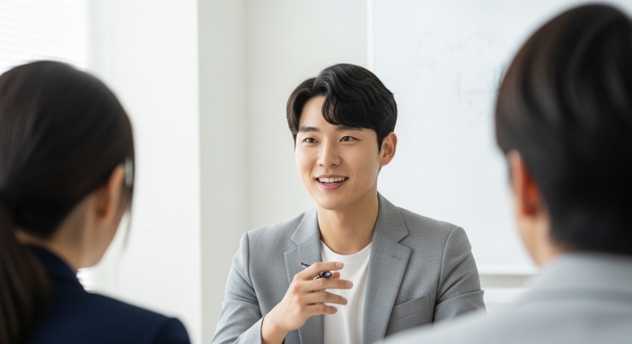 회의 중 발표하는 청년