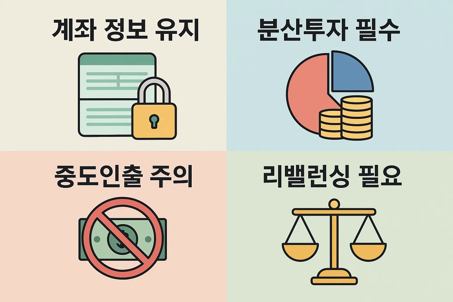 계좌 정보 유지, 분산투자, 중도인출 주의, 리밸런싱 필요 등 이전 후 안정적 운용을 위한 관리 포인트를 정리한 인포그래픽.