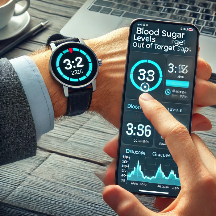 혈당 알림을 스마트워치로 받은 후 스마트폰 앱에서 상세 데이터를 확인하는 모습.