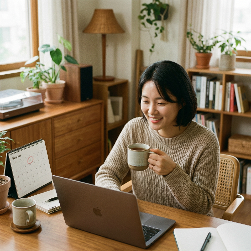 따뜻한 분위기의 홈 오피스에서 차를 마시며 미소 짓는 한국인 여성. 노트북 옆 책상 위 달력에는 5월 1일이 빨간색 펜으로 동그라미 쳐져 있어 근로장려금 신청 시작일을 강조함. 평온하고 정돈된 일상 속에서 정부 혜택을 챙기는 스마트한 시민의 모습을 담은 8k 사진