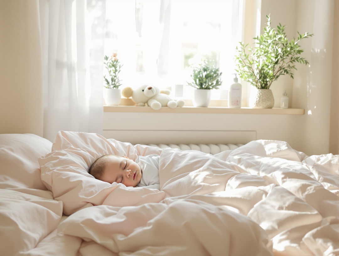 따뜻한 햇살이 비치는 파스텔톤 침실에서 평온하게 잠든 신생아의 모습, 창가에 자연광이 스며들고 주변에 아기용 소품들이 은은하게 놓여 있는 감성적인 장면