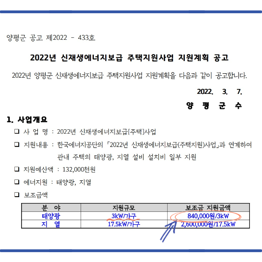 양평군 태양광 설치 지원금 이미지 입니다.