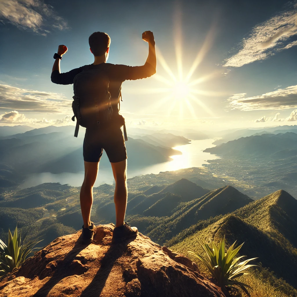 "산 정상에 올라 성취의 기쁨을 만끽하는 사람, 작은 성공이 만든 큰 변화"