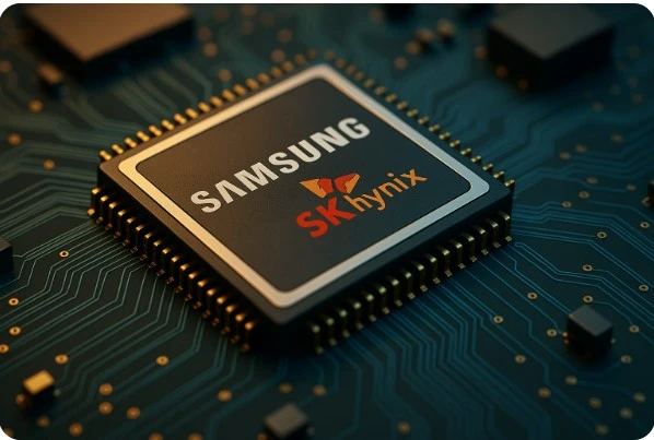 삼성전자와 SK하이닉스 로고가 새겨진 반도체 칩, 한국 반도체 산업의 성장 기회 상징