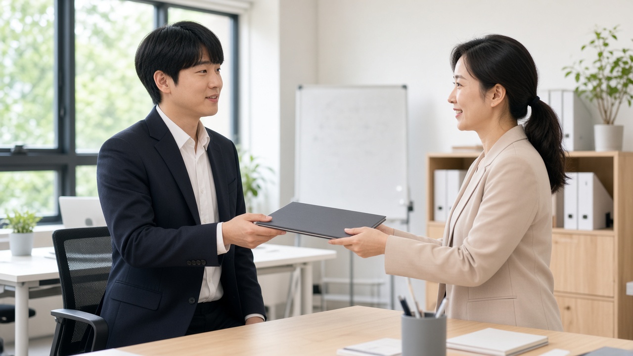 중소기업 첫 출근날 인사 담당자에게 서류를 받는 20대 후반 한국인 신입사원