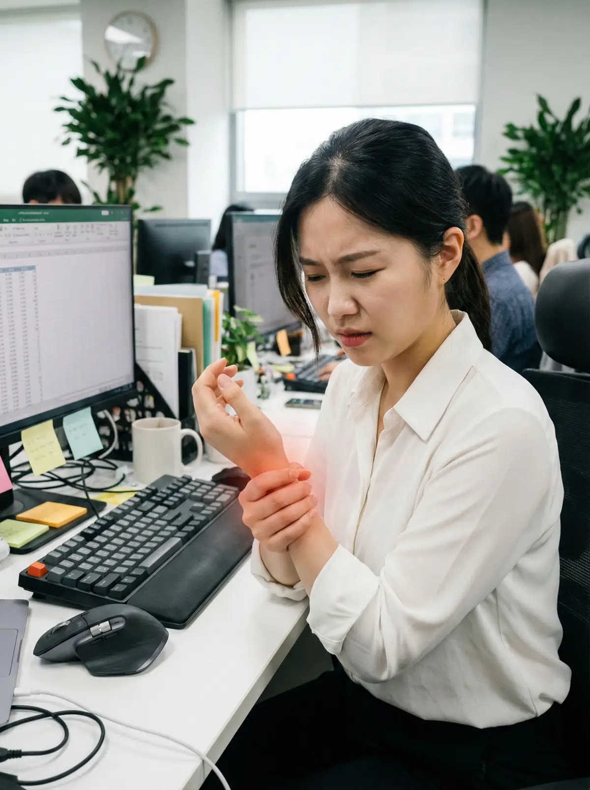 손목 통증을 호소하며 손목을 감싸 쥐고 있는 현대인의 모습, 통증 부위가 붉게 강조됨