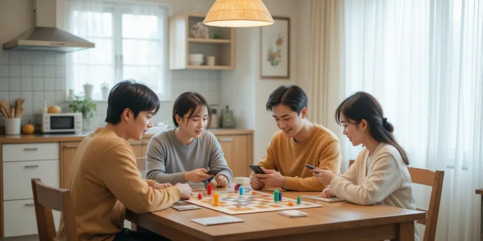 인터넷 없이 가족이 보드게임을 즐기는 모습