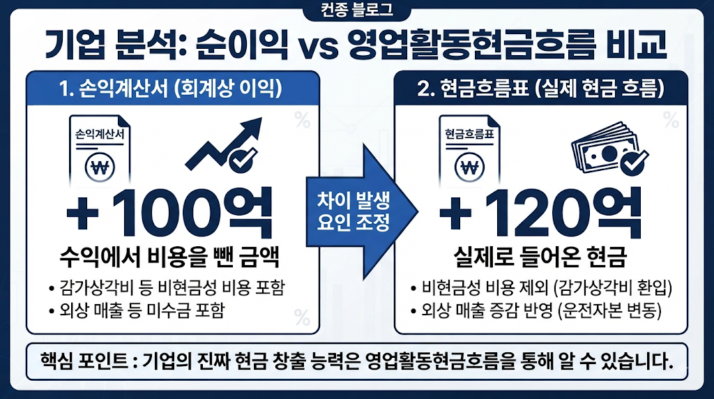 순이익과 영업현금흐름의 차이를 보여주는 기업 재무분석 인포그래픽