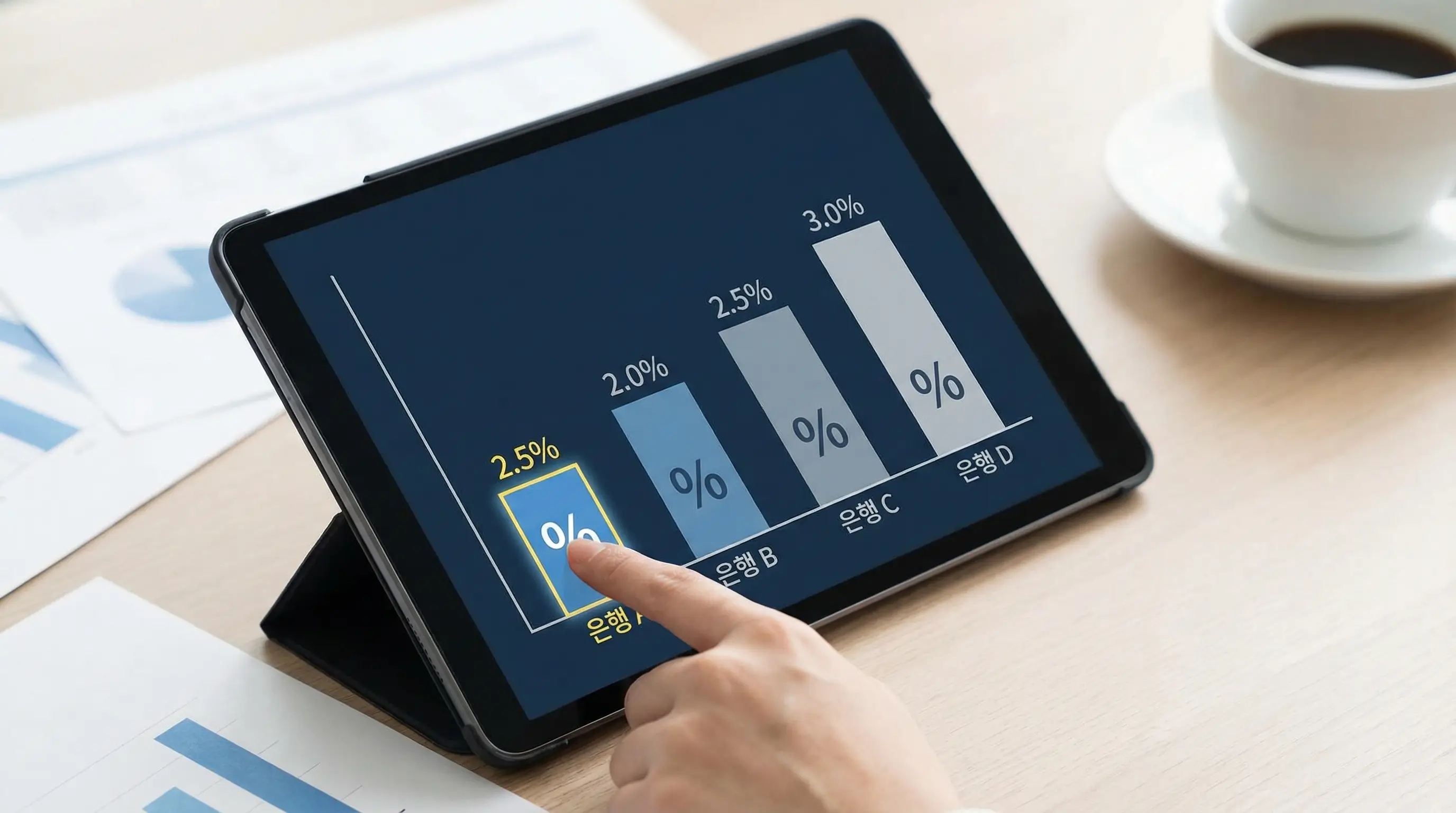 여러 은행의 금리를 비교하는 그래프와 가장 낮은 금리를 선택하는 손가락 제스처