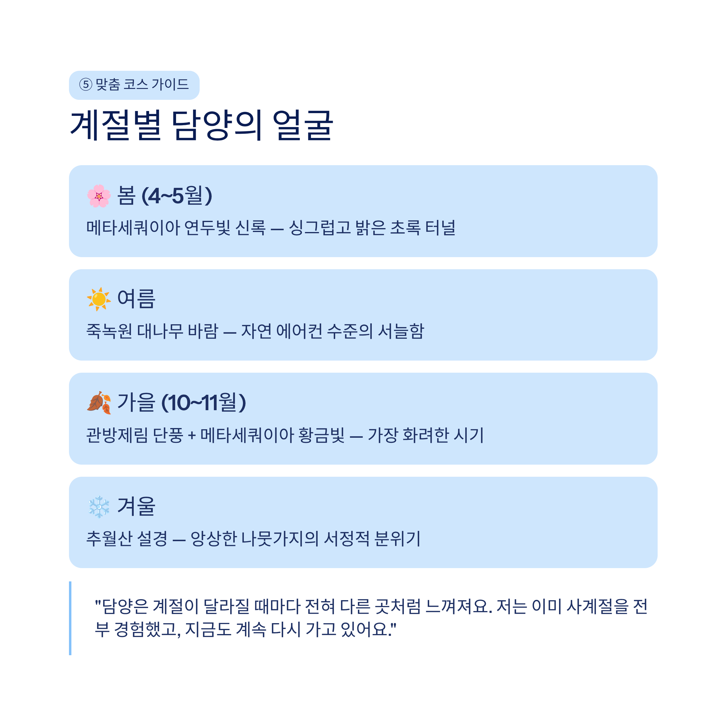 담양 메타세쿼이아길부터 추월산까지 &mdash; 걷기 명소 5선 완벽 가이드 2026