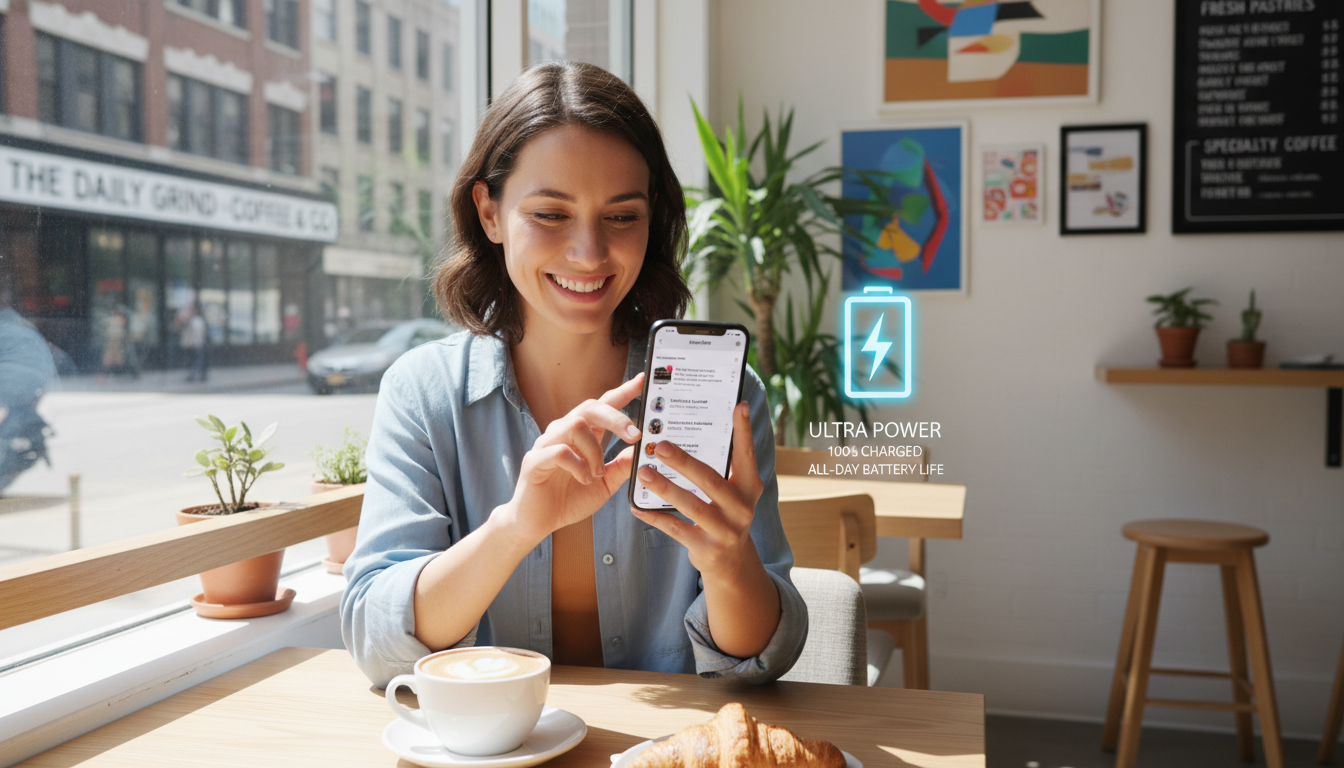 카페에서 배터리 걱정 없이 여유롭게 아이폰을 사용하는 모습과 100% 배터리 아이콘