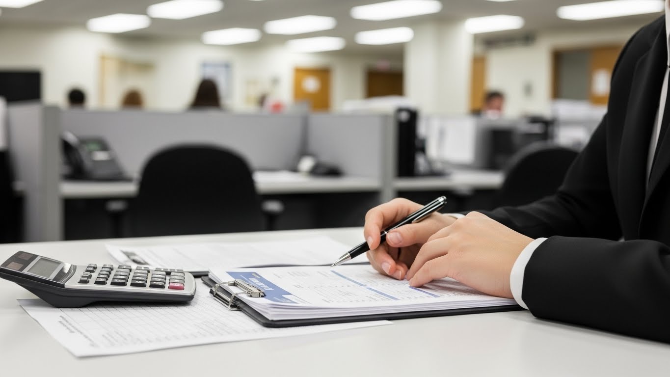 Bank loan consultation desk scene, bank clerk explaining to a customer with a serious expression, monitor screen showing 'LTV' and 'Interest Rate' graphs rising, professional office environment, realistic photo style, focus on documents and calculator