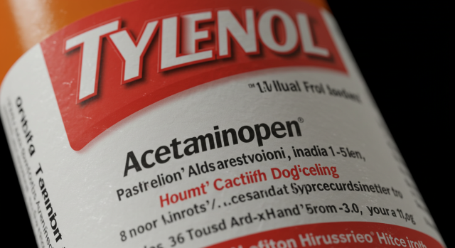 아세트아미노펜 성분이 표시된 타이레놀 라벨 클로즈업