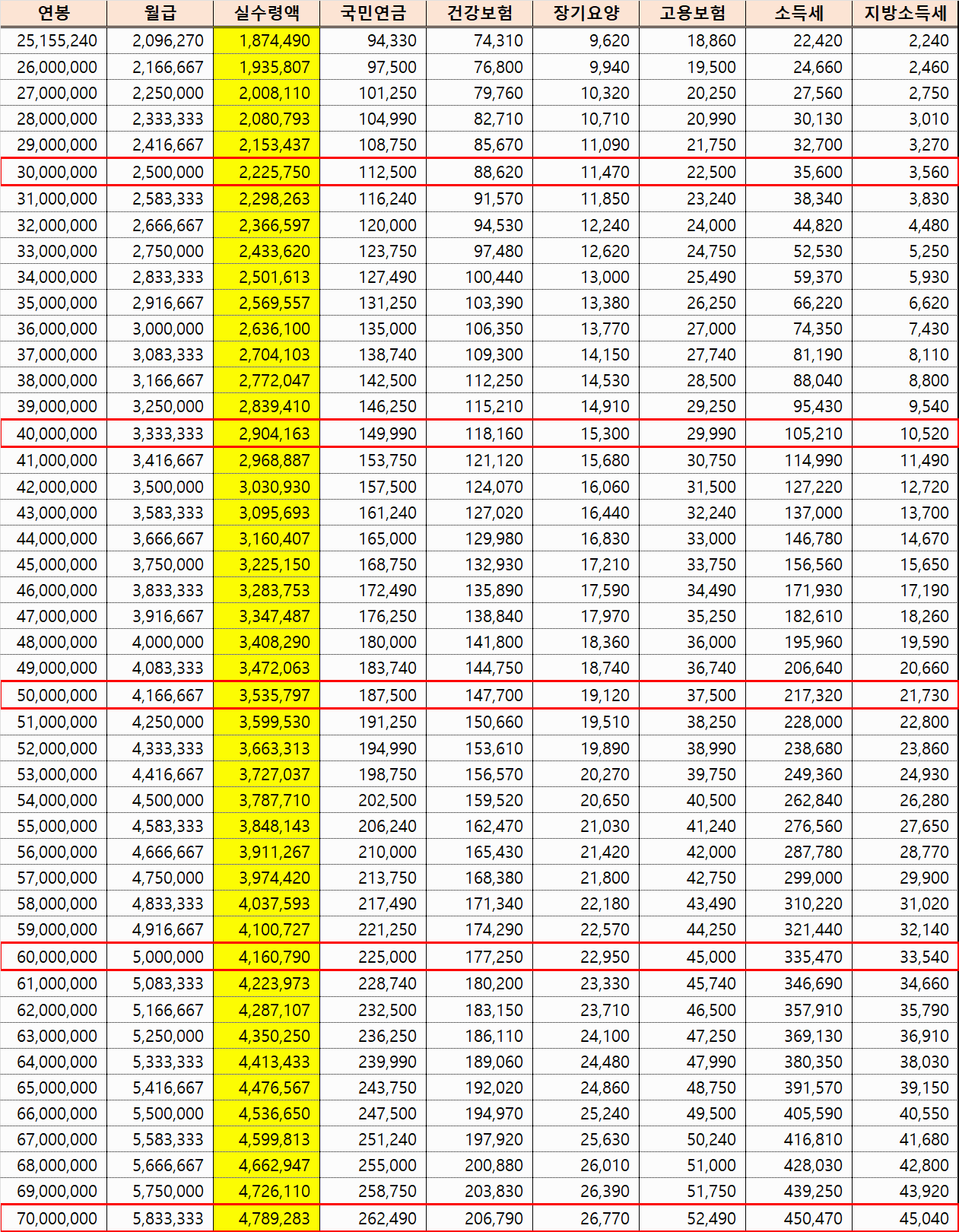 2025년 연봉 실수령액