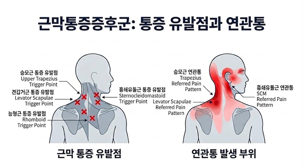 근막통증증후군의 통증 유발점과 연관통 발생 부위를 설명하는 이미지