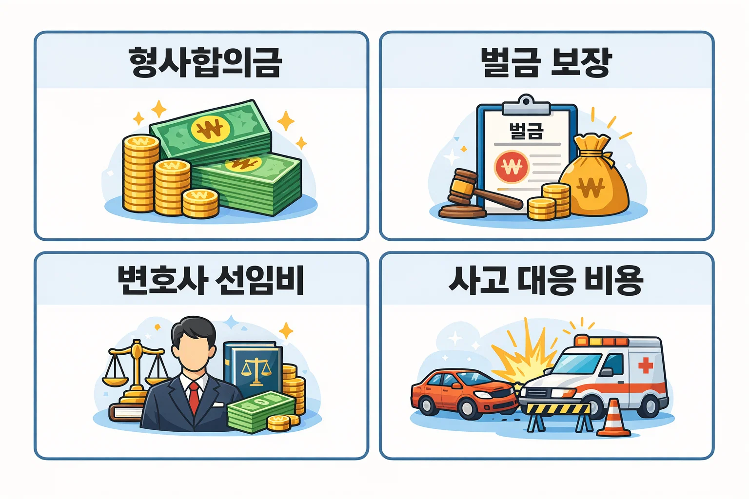 운전자보험 핵심 보장 항목인 형사합의금 벌금 보장 변호사 선임비가 어떤 상황에서 적용되는지 비교사이트 기준으로 설명한 이미지입니다