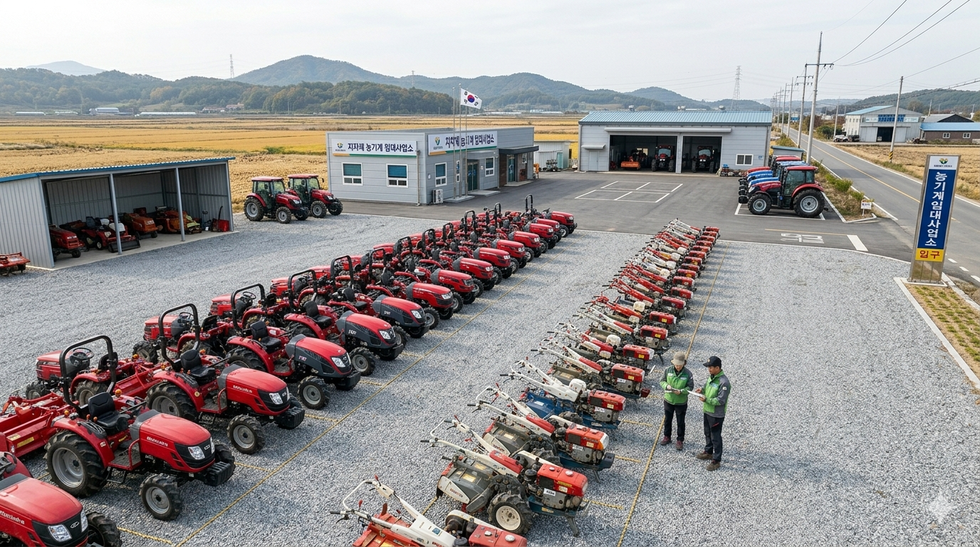 농기계임대사업소 전경 여러대의 트랙터와 관리기가 있다.